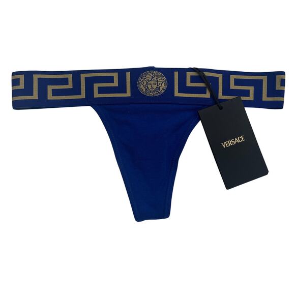 M2-34 VERSACE Women's Sexy Greca Thong Cotton Stretch Blue Size 1/XS - Picture 1 of 9